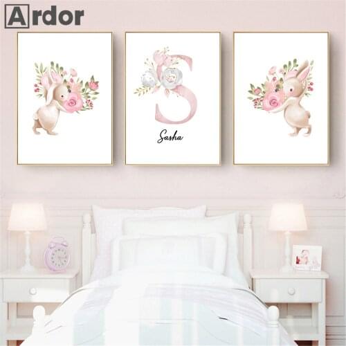 Pink Flowers Baby Rabbit Canvas Wall Painting Girls Name Custom Poster Nursery Art Print Nordic Wall Pictures Girl Room Decor