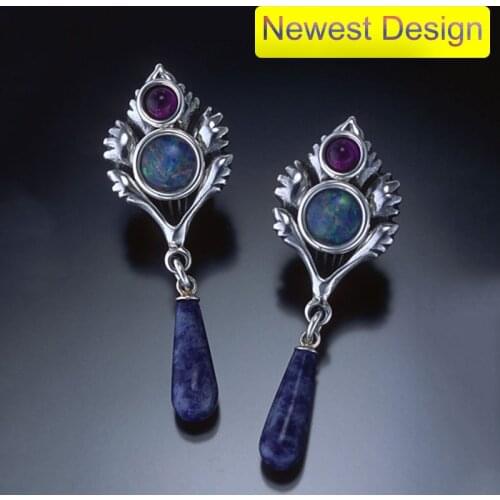 New Long Teardrop Dark Blue Stone Earrings Fantasy Jewelry Fire Opal Purple Red Beads Metal Leaf Scepter Earrings