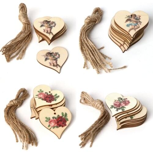 10pcs/Pack Angel Rose Flower Printed Hanging Pendant Laser Cut Wooden Slice Ornament Wood DIY Handmade For Home Decorations