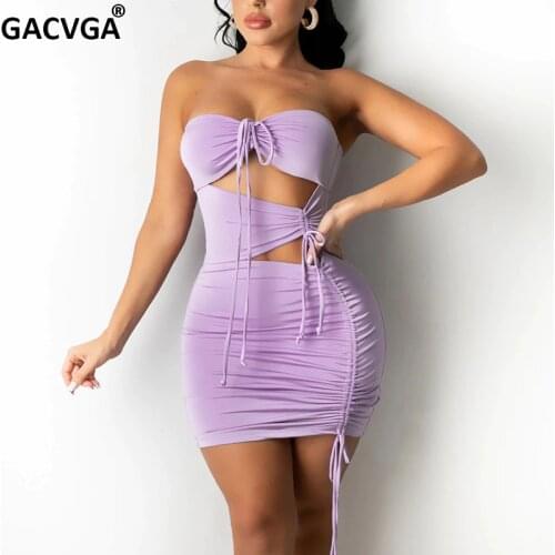GACVGA Drawstring Sexy Summer Bodycon Dress Halter Women Sleeveless Ruched Bandage Mini Party Dresses Vestidos De Mujer Casual