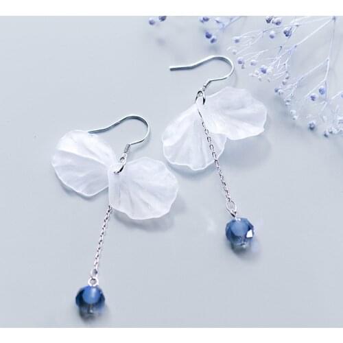 MloveAcc Fashion White Flower Charm Earrings Long Chain Blue Crystal Drop Earrings 925 Sterling Silver Jewelry