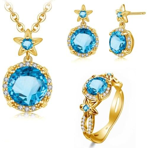 Szjinao 925 Silver Jewelry Set For Women Real 925 Sterling Silver Gold Color Delicate Blue Topa Flower Wedding Gift Boho Jewelry