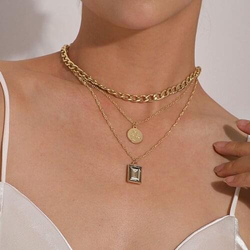 Vintage Aluminium Thick Chains Round Square Glass Pendant Necklace for Women Multilayer Chains Geometric Necklace Jewelry Gift