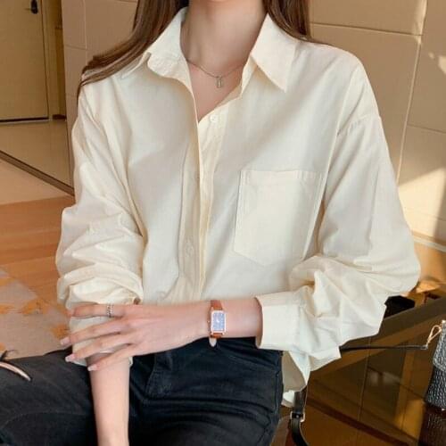 2021 New Spring Summer Cotton Tops Shirt Long Sleeve White Shirt Female Turn-down Collar Loose Solid Women Blouse Fashion Tops