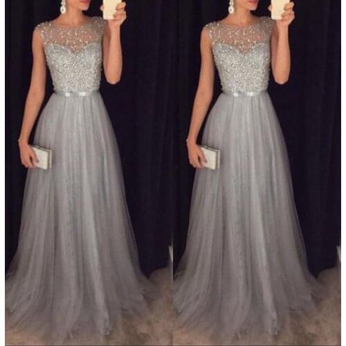 Women Sleeveless Empire Lace Long Maxi Dress Party Formal Wedding Prom Gown Dress Sequined Tulle Patchwork Princess Dress Hot