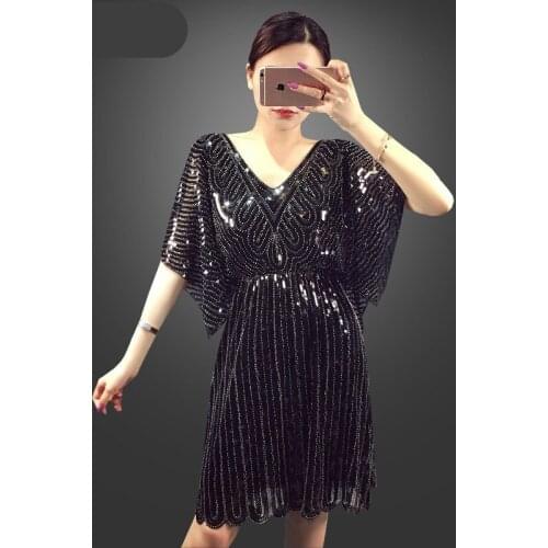 Summer Fashion Black Blue V-neck Vertical Stripes Sequin Mesh Beading Elastic Waist Casual Retro Dresses Woman 1685