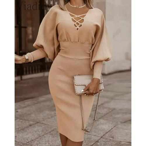Women V-neck Solid Color Strappy Lantern Sleeve Knit Dress
