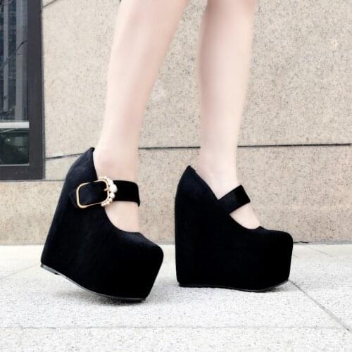 2020 new wedge with thick bottom round single shoes female inside increased 15 cm suede high heels simple elegant womens shoes