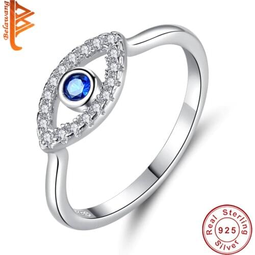 BELAWANG 100% 925 Sterling Silver Lucky Blue Eyes Samsara Finger Ring For Women Good Luck Jewelry Gift