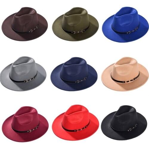 Imixlot New Elegant Fashion Wide Brim Belt Buckle Jazz Fedora Hats Women Men Charm Autumn Winter Outdoor Warm Felt Hat