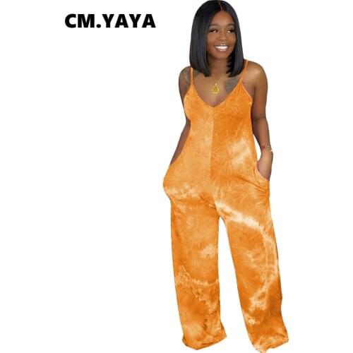 CM.YAYA Tie Dye Galaxy Print Spaghetti Strap Womens Straight Jumpsuit Streetwear Basic Outfits Romper Overalls with Pockets