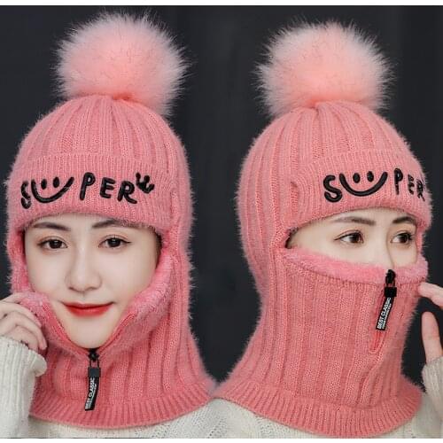 New Add Hair Thickening Warm Winter Knitting Hat Outdoor Centers Around One Zipper Head Cap