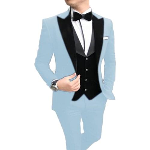 New Arrival Men Suits Light Blue and Black Groom Tuxedos Peak Lapel Groomsmen 3 Pieces Set ( Jacket+Pants+Vest+Bow Tie ) D313