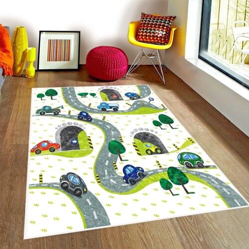 Beyaz Çocuk Odası Halısı araba ağaç yol köprü bitki beyaz halı
