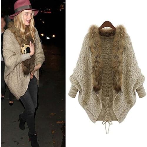 Autumn Winter Fashion Women Faux Fur Collar Coat Long Batwing Sleeve Loose Casual Knitted Warm Cardigan Christmas Shawl Sweater