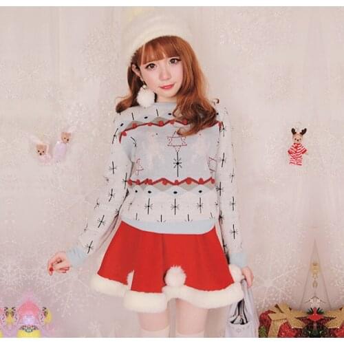 Autumn Japanese Women Sweaters Knitting Shirt Fall Cute Knitwear Christmas Blue Loose Casual Kawaii Sweater For Teens Girl