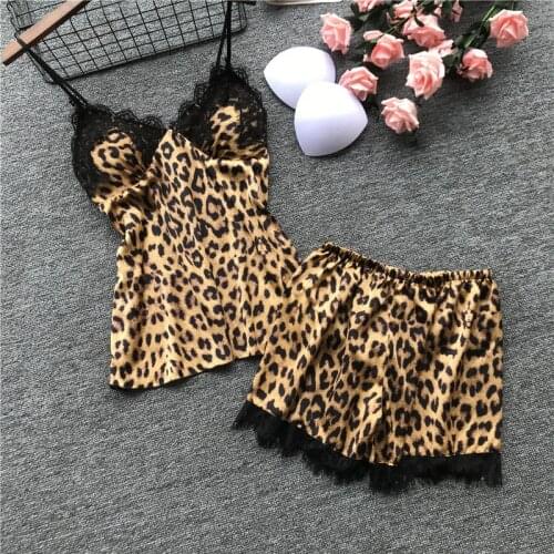 JULYS SONG Woman Sexy Pajamas Sleepwear Sling Strap Fashion Leopard Pattern Lace Pajamas Set Sleep Lounge Short Pants