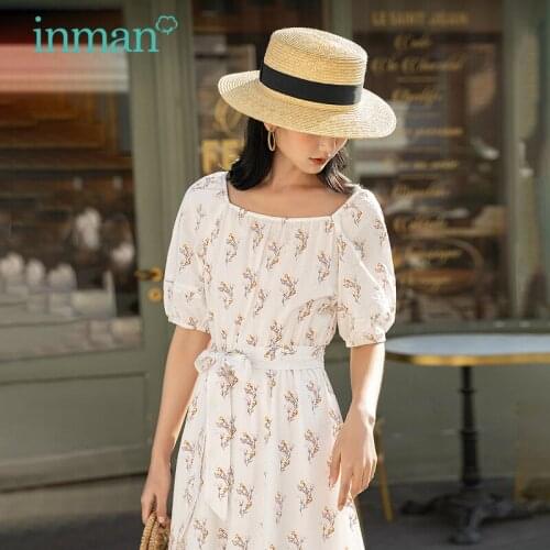 INMAN Summer Women Dress White Elegant Lady Sweet Style Floral Flower Print Ribbon Hem Square Collar Elastic Cuffs A-Line Bottom