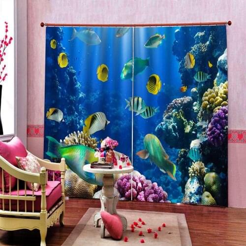 Custom 3D Curtains Fish And Coral Curtains Modern Undersea World Window Curtain Of Bathroom Drapes (Left and right side)