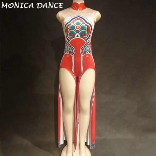 Sexy Stage Red Printed Dance Jumpsuit Cheongsam Bodysuit Womens Party Clothes Celebrate Outfit Female Singer Dance Show Outfit