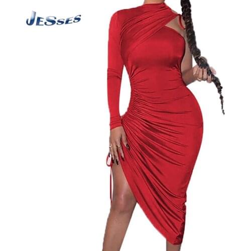 Sexy One Shoulder Skinny Dress Trendy Bandage Femme Plus Sizes Dresses Designer Red Bodycon Pleated Dress Women Banquet Vestidos