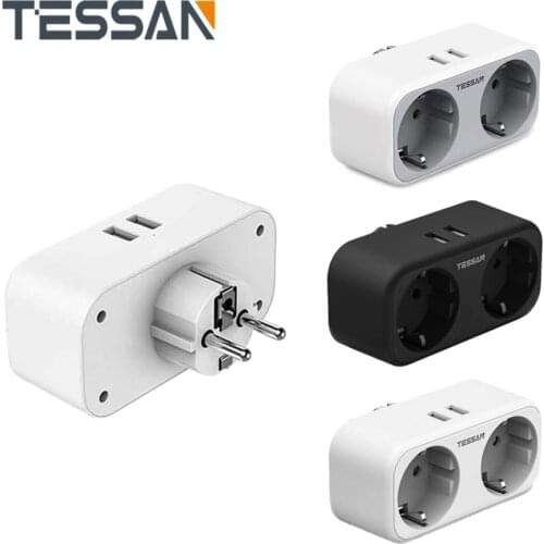 TESSAN Power Strip EU Plug USB Socket with 2 Outlets 2 USB Ports Extension Multi 4000W Home Travel Charging Wall Charger Adapter