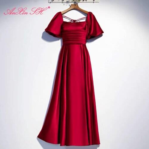 AnXin SH princess wine red satin evening dress vintage party sweetheart puff sleeve bride little bow a line evening dress