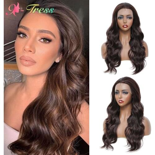 X-TRESS Synthetic Lace Front Wigs For Black Women Long Body Wave Medium Brown Free Part Lace Wig with Baby Hair Heat Resistant