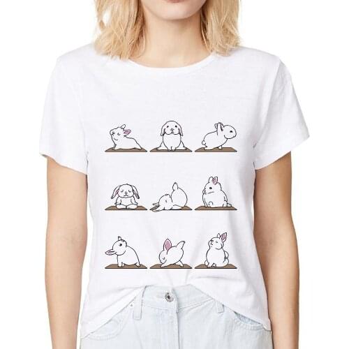 Cute Bunnies YogaRabbit funny t shirt women summer new white casual femme girl kawaii streetwear tshirt short sleeve