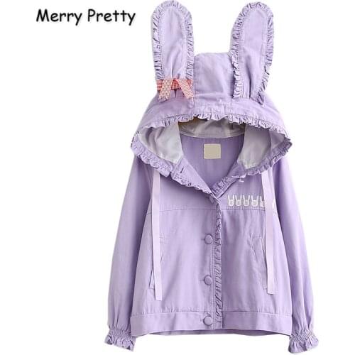 Merry Pretty 2020 Womens Autumn Winter Basic Jackets Ladis Rabbit Ears Embroidery Cute Jacket Single Breasted Pink Outerwear