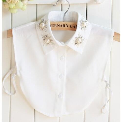 Linbaiway Chiffon Shirt False Collar for Women Fake Collar Lapel Blouse Women Beads Detachable Collar Lapel Button Decoration