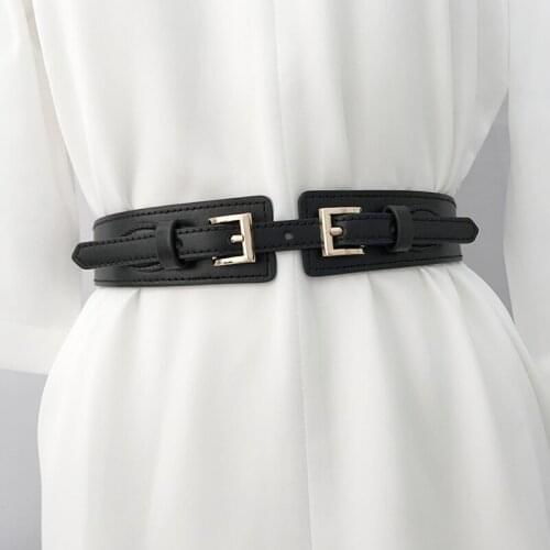 Women Elastic Wide Waist Belt Fashion Design Double Buckle Elastic Ladies Decorative Waistband Lady Dress Coat Cummerbunds Belt