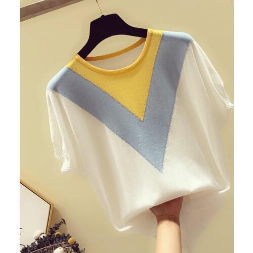 2021summer Fashion The New Color contrast O-neck Bat sleeve sweater bottoming shirt womens loose thin pullover