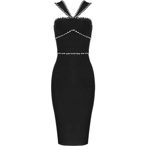 Elegant Sexy Bandage Dress 2021 New Black Bodycon Women Dress Beading Speghetti Strap Summer Party Club Clothing