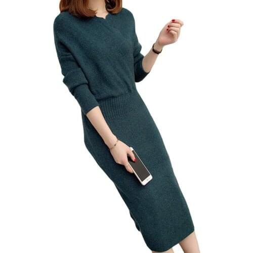 2019 Women Long Knitted Sweaters Dress Autumn Casual Female Loose Jumper Long Sleeve Dresses Slim Sexy Pullover Robe Femme L15
