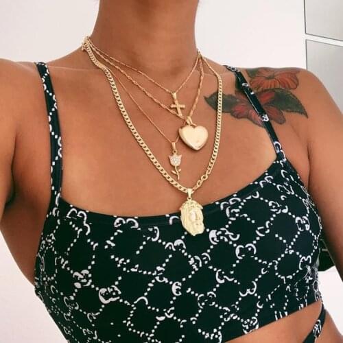 HebeDeer Multilayer Chain Heart Rose Cross Trendy Girl Necklace Women Silver Color Vintage Necklaces Jewelry Lover Collier