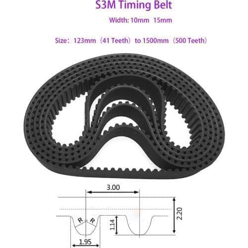 1Pcs Perimeter 123mm-180mm S3M Black Rubber Closed Loop Timing Belt Width 10mm/15mm Teeth 41-60 For CNC Machine/Step Motor