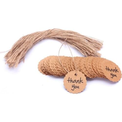 100pcs Thank You Wedding Party Favor Scalloped Round Kraft Paper Tag with String (Brown)