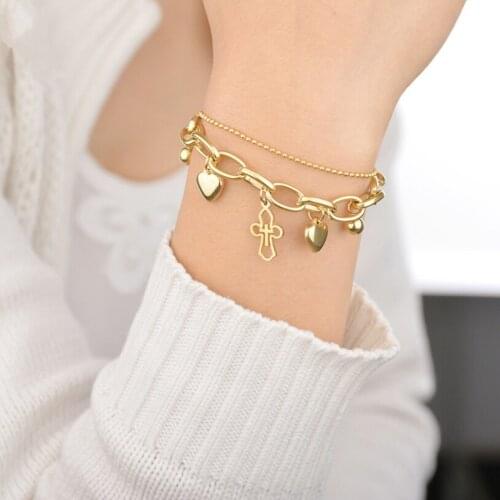 316L Stainless Steel 2 Layer Love Heart Cross Shape Beaded Charm Thick Chain Bracelets For Women Fashion Trend Fine Jewelry Gift