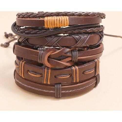 5pcs/Set Brown Leather Bracelet for Men Women Adjustable Rope Braided Handmade Bangles Jewlery Charm Wristbands Male Accessories