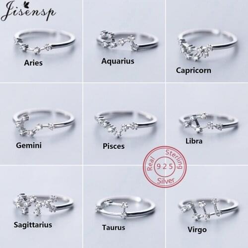 925 Sterling Silver Cubic Zircon Zodiac Rings for Women Jewelry Astrology Star Sign 12 Constellation Finger Ring Adjustable