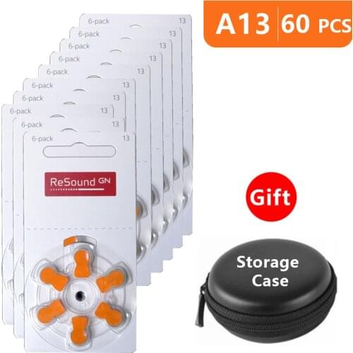 Hearing Aid Batteries Size 13 za Resound,Pack of 60,Orange Tab PR48 1.45V Type A13 AU-6nhs Zinc Air Battery with Storage Case