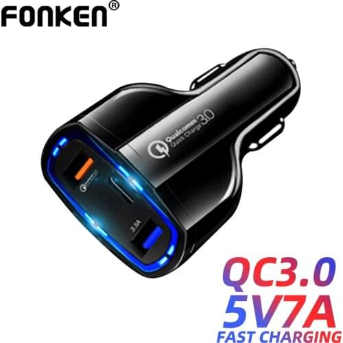 FONKEN USB C Car Charger 3 In 1 Mobile Phone USB Charger For XIaomi Iphone Samsung Smartphone Charger Adapter QC3.0 Fast Charge