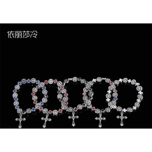 Saint Saint Benedict medal handmade beaded bracelet, elastic / adjustable Jesus cross beaded rosary bracelet
