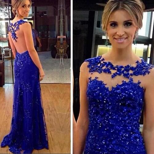 Crystals Long sexy illusion 2020 Robe De Soiree Beading Royal Blue lace appliques Formal Wear party prom gown bridesmaid dresses