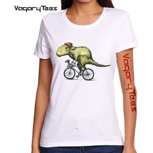 Creative T-rex Bikers Design T-Shirt Women Tumblr Femme Clothes Novelty Bicycle Riding Dinosaur Print T Shirt Streetwear Top