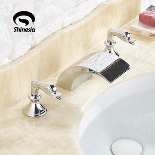 Chrome / Gold Swan Modern Type bathroom Shower faucet Hot Cold Deck Mount Dual Handle Three Holes Tub mixer Tap