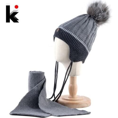 K Brand Warm Children Hat Scarf Set Winter Thick Knitted Faux Fur Pompom Beanie Cap Boys Girls Knit Ears Cap Kids Baby Hats Set