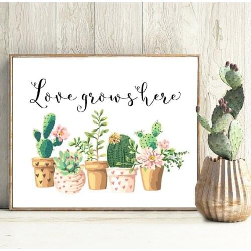 Cactus Art Print Love Grows Here Potted Cactus Wall Picture Watercolor Prints Nursery Decor Inspirational Quote Canvas Painting