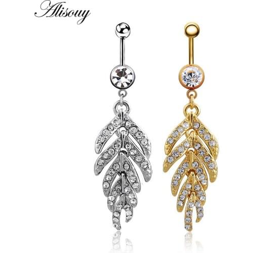 Alisouy 1pc Girl Belly Button Rings crystal leaves color Gold navel Surgical Steel belly rings Navel Piercing Body Jewelry